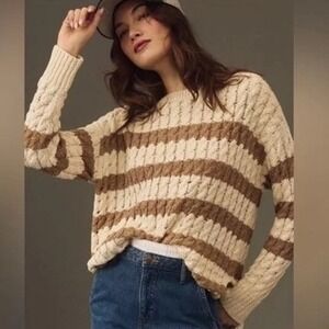 Anthropologie PILCRO Striped Cable Knit Long Sleeve Sweater Cream Brown Women XS